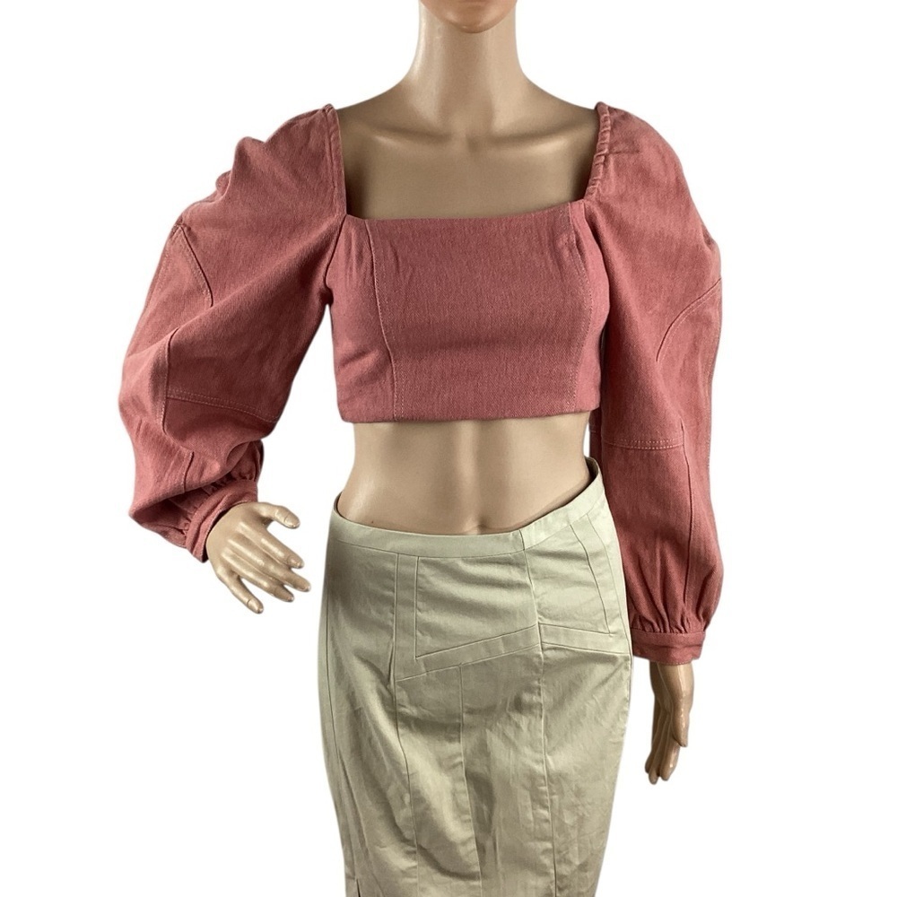 Free People Marley Denim Top Rose Smoke Pink Puff Sleeve Size 2
